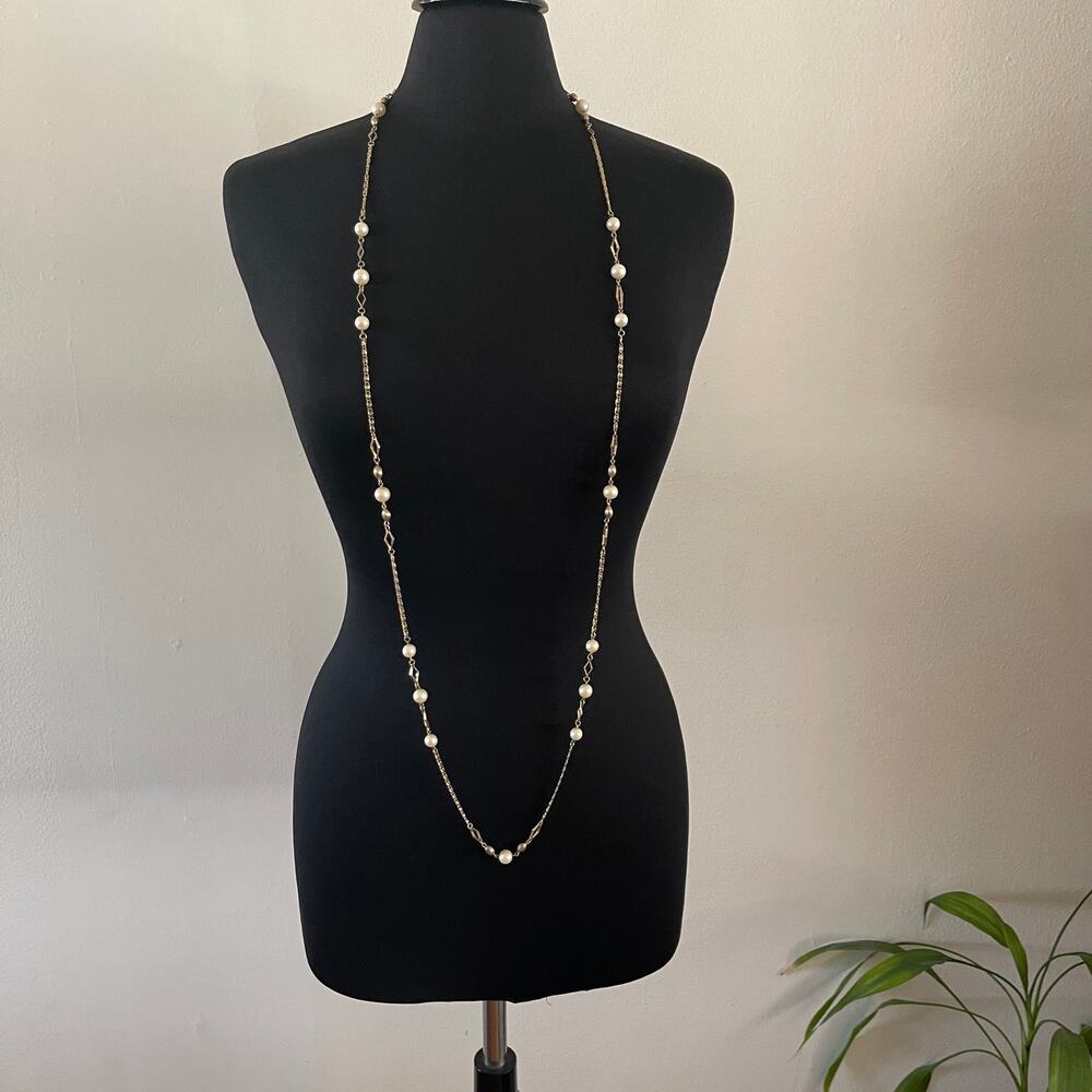 Vintage Faux Pearl Station Necklace Gold Tone 54" Extra Long Layering Chain